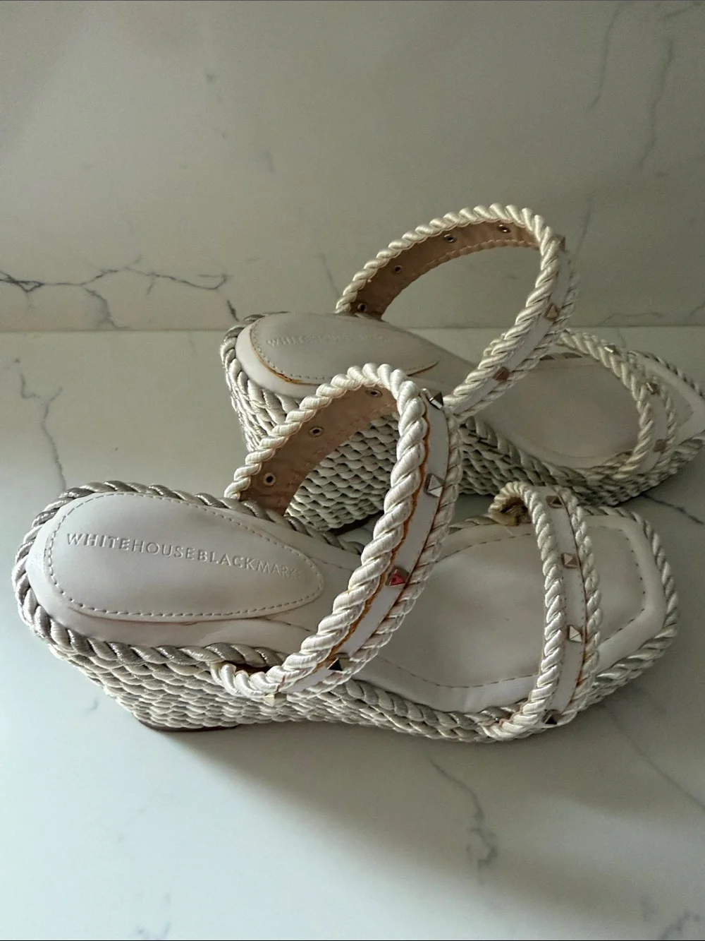 White House Black Market Braided Studded Platform Block Heel Sandals White Sz 6